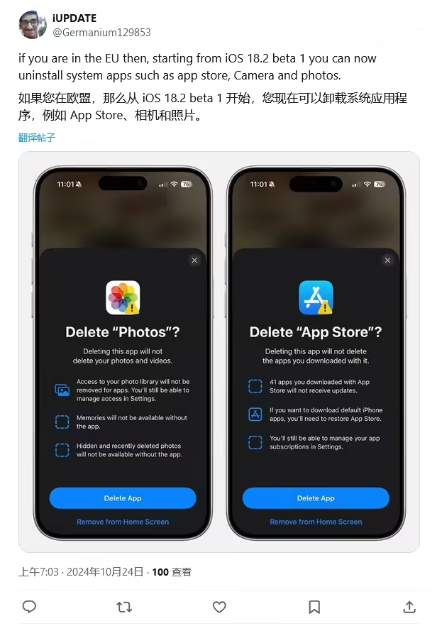 田东苹果手机维修分享iOS 18.2 支持删除 App Store 应用商店 